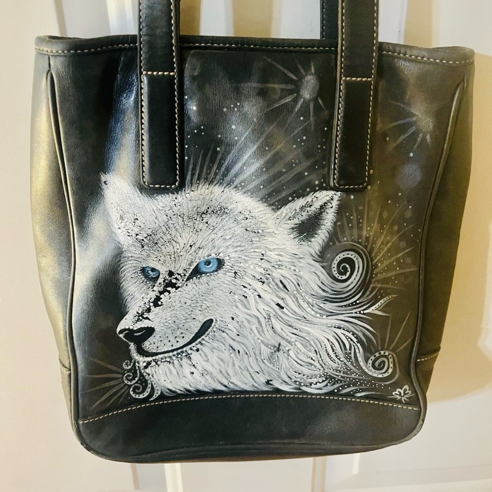 Coach Black Leather Tote with Hand-Painted White Wolf Design and Blue Eyes